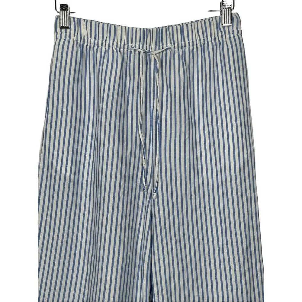 H&M Linen Blend Wide Leg Striped High Rise Pull On Pants Blue White Size XS
